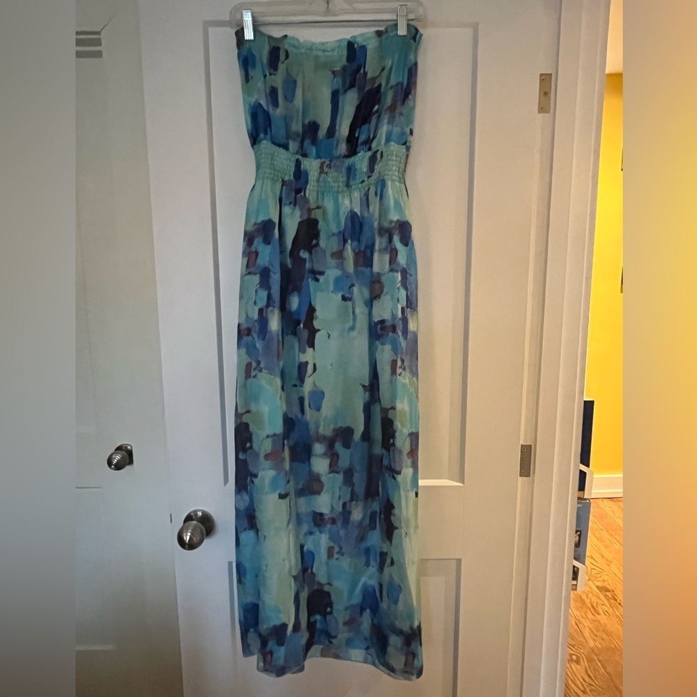 💯 Silk Watercolour Abstract Blue Maxi Halter Smocking Dress S